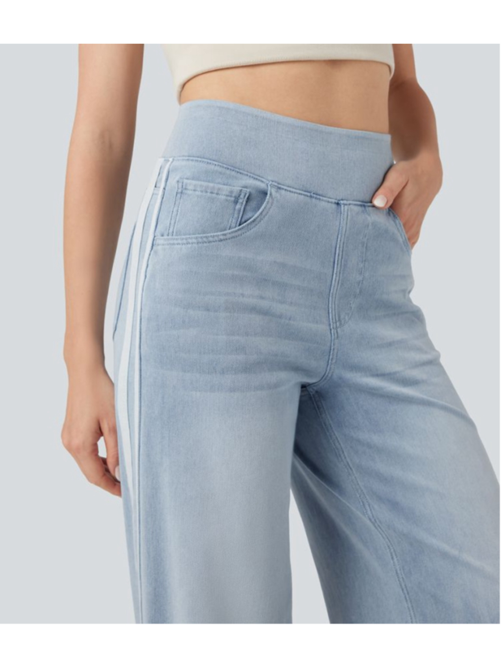 Halara Flex™ High Waisted Stripe Wide Leg Flowy Washed Casual Jeans Light Blue M - Picture 4 of 14